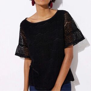 LOFT Black Velvet-Lace Top NWT • Size Medium• Sheer Flutter Sleeves • Lined